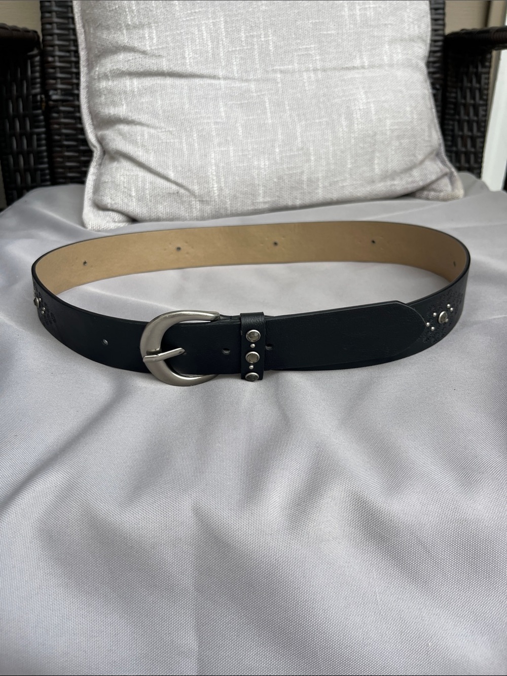 Black Studded Leather Belt with Silver Buckle